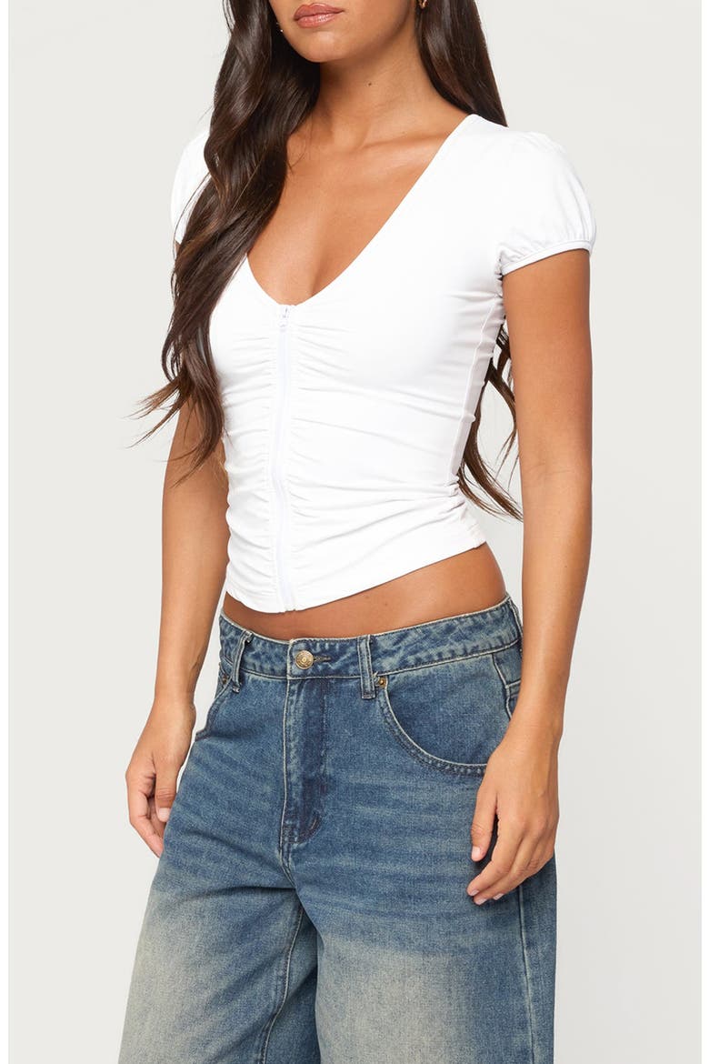 Elica Ruched Zip Up Top, Alternate, color, WHITE