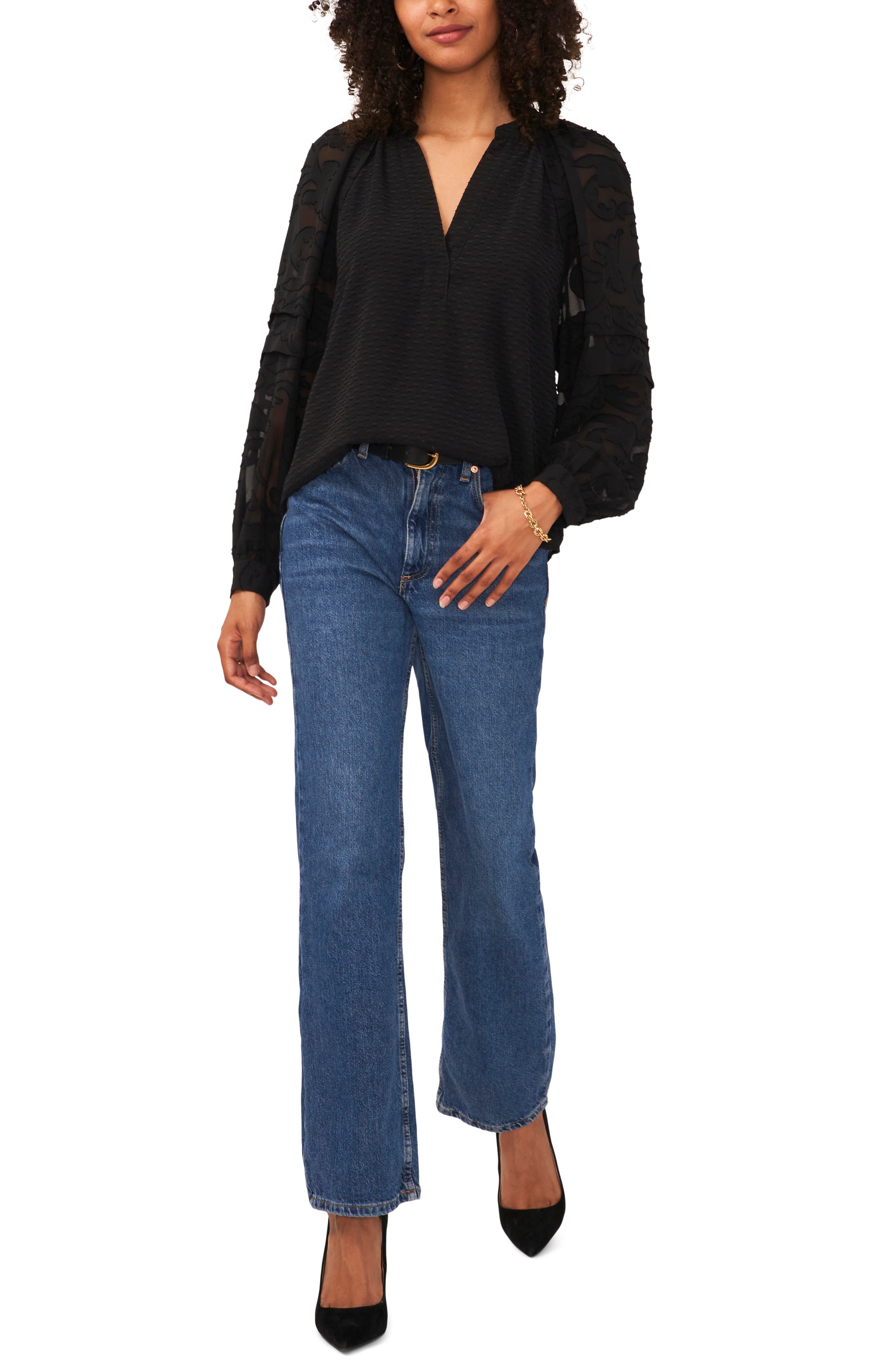 Vince Camuto Split Neck Floral Sleeve Blouse (Women) | Nordstromrack