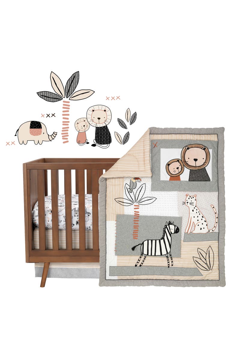 Lambs & Ivy Patchwork Jungle Animals 4-Piece Nursery Baby Crib Bedding Set, Main, color, Brown Multicolor