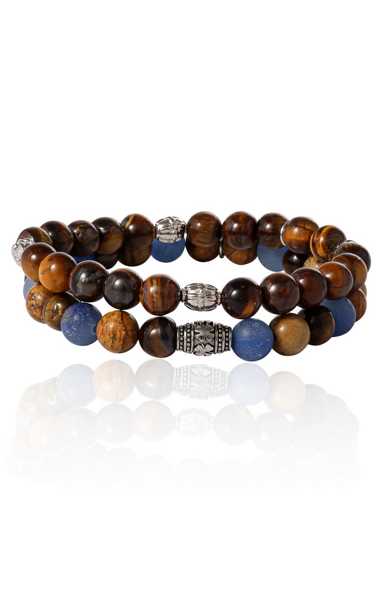 Lucky Brand Tiger's Eye & Sodalite Beaded Stretch Bracelets, Alternate, color, Brown, Blue, Silver