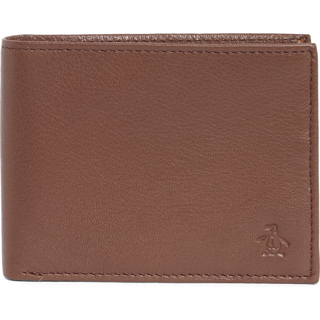 Original Penguin Embossed Logo Leather Passcase Wallet In Brown
