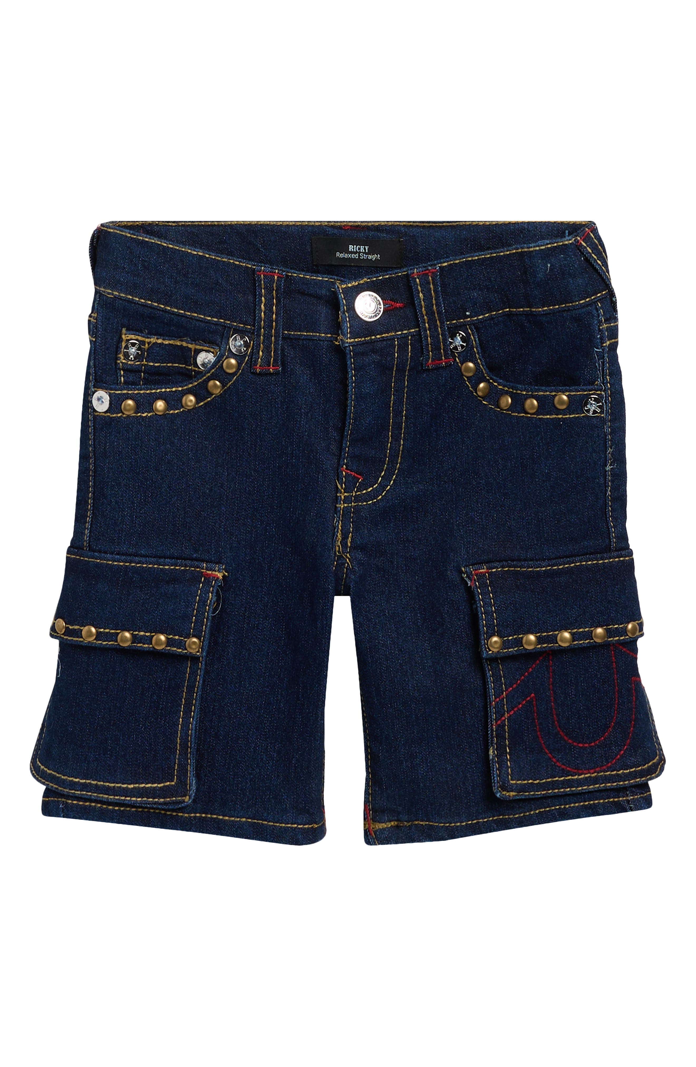 True Religion Kids' Studded Denim Cargo Shorts In Blue
