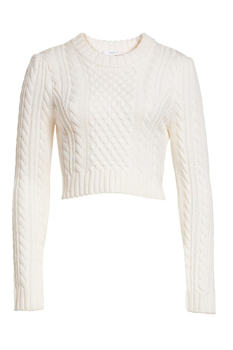 Cropped Aran Stitch Sweater, Alternate, color, WHITE