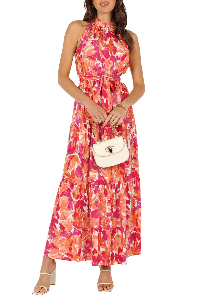 Petal & Pup Caroline Floral Mock Neck Maxi Dress, Main, color, Red Orange