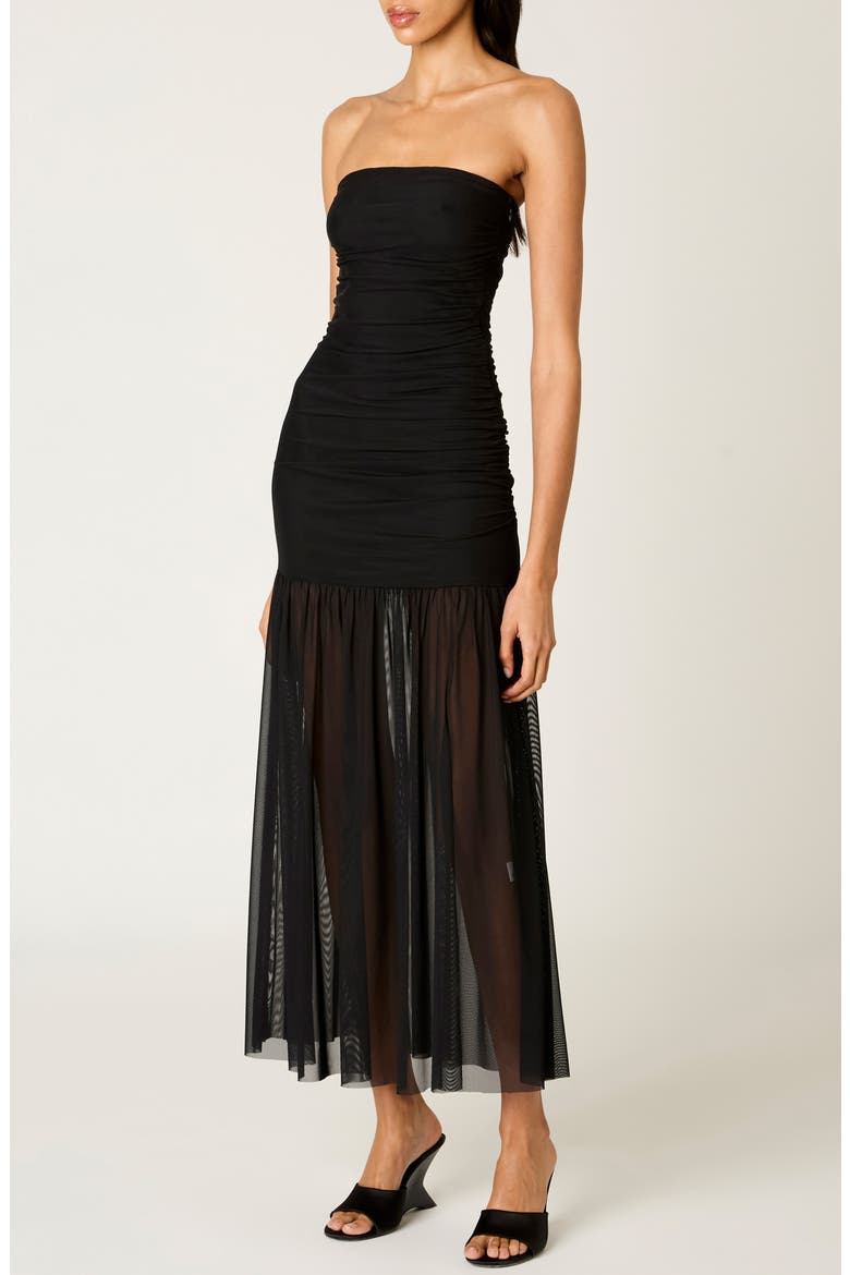 Nola Shirred Strapless Mesh Maxi Dress, Alternate, color, BLACK