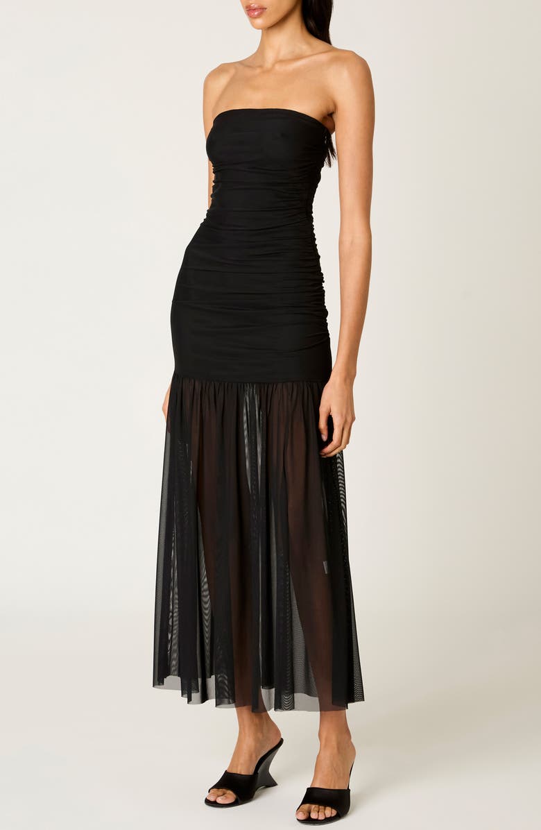 Nia Nola Shirred Strapless Mesh Maxi Dress, Alternate, color, Black