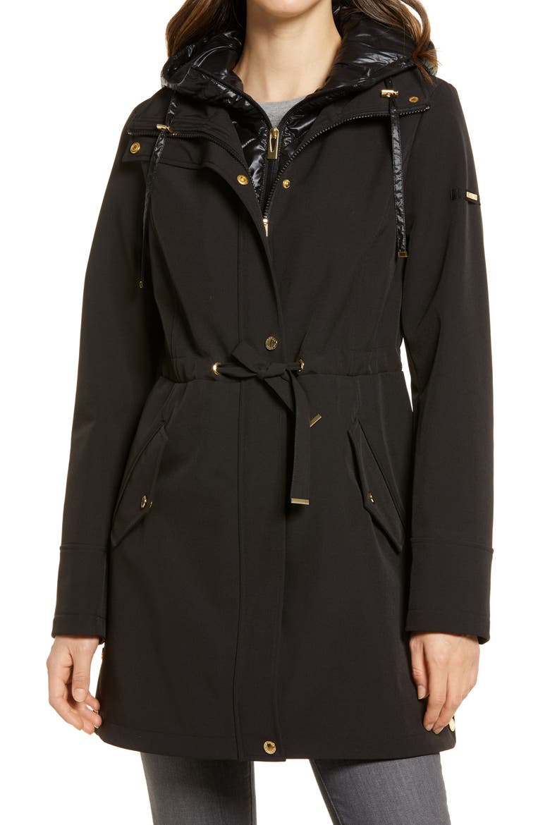 Water Repellent Coat with Quilted Hooded Liner, Alternate, color, BLACK