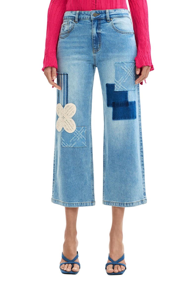 Patchwork Crop Jeans, Main, color, MEDIUM BLUE