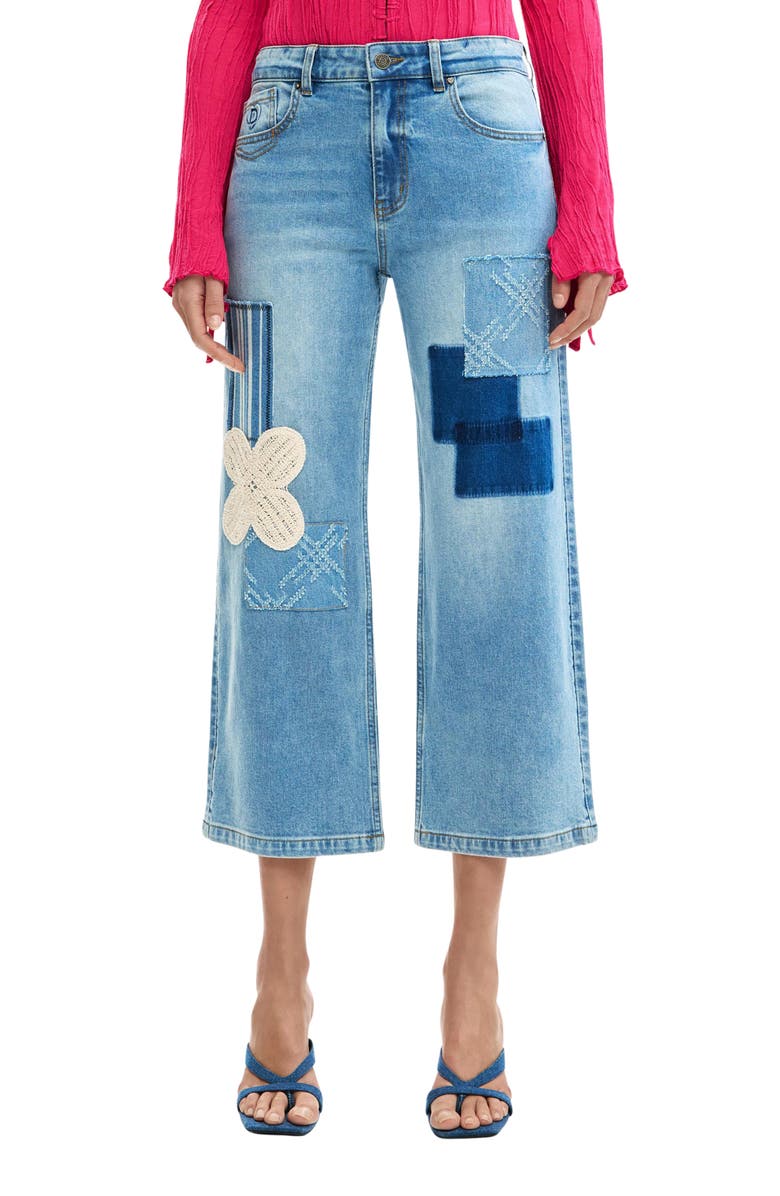 Desigual Patchwork Crop Jeans, Main, color, Medium Blue