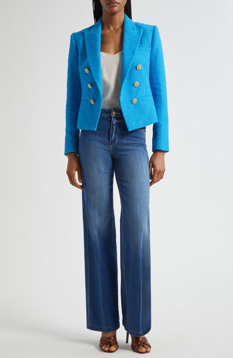 L'AGENCE Brooke Double Breasted Crop Cotton Blend Blazer, Alternate, color, Dresden Blue/ Gold Chain