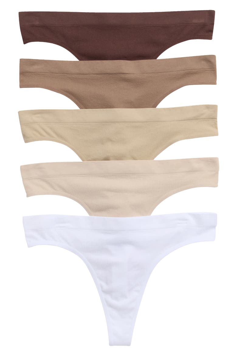 Assorted 5-Pack Seamless Rib Thongs, Main, color, NEUTRAL MULTI