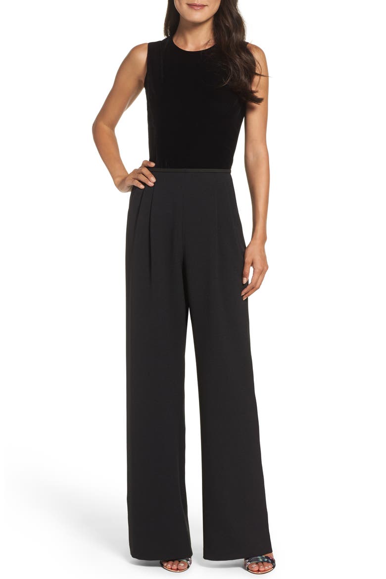 Velvet & Crepe Jumpsuit, Main, color, BLACK