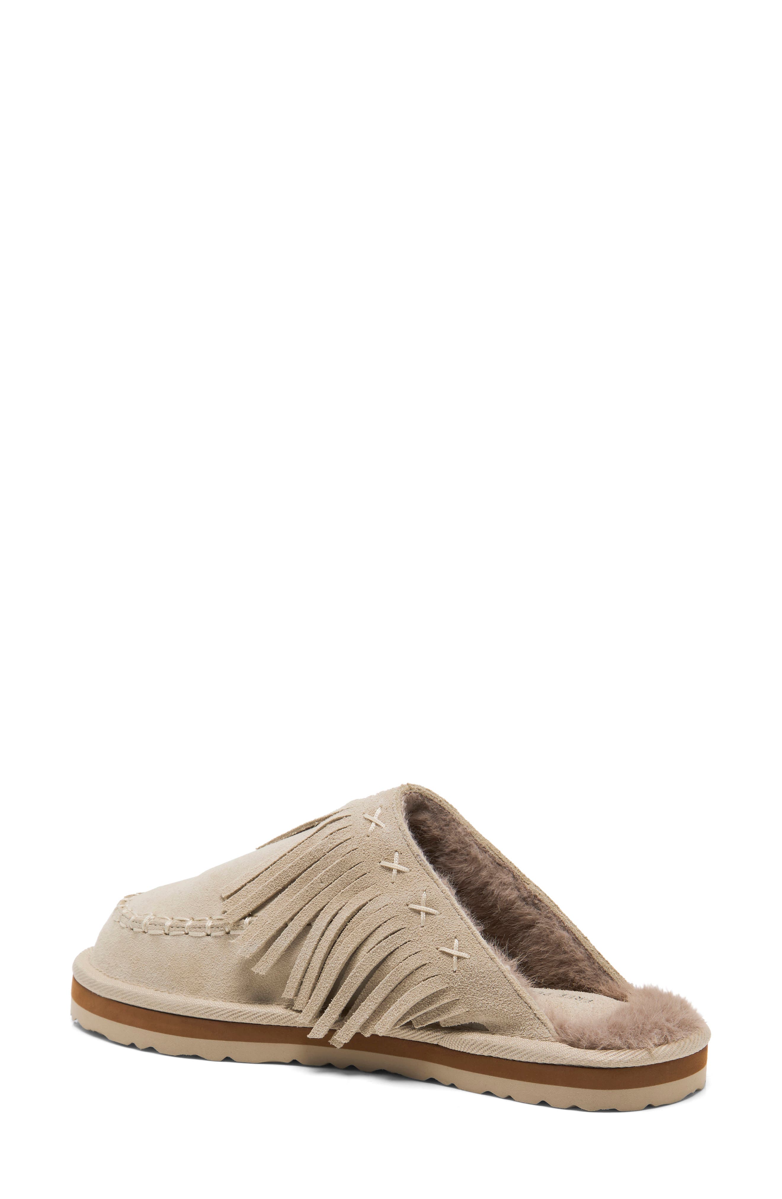 Fallon Fringe Faux Fur Mule Slipper, Alternate, color, SAND SUEDE