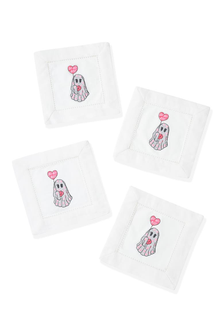Sweetheart Spirt Embroidered Linen Cocktail Napkins, Main, color, WHITE/ PINK