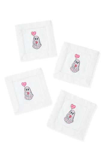 Tiramisu Sweetheart Spirt Embroidered Linen Cocktail Napkins In White