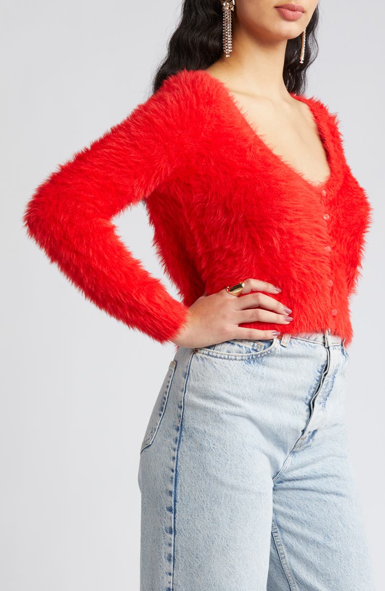 Open Edit Eyelash Knit Crop Cardigan, Alternate, color, Red Goji
