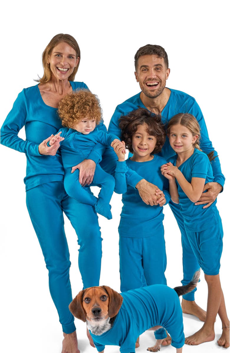 Leveret Footed Solid Cotton Matching Family Pajamas, Alternate, color, Teal