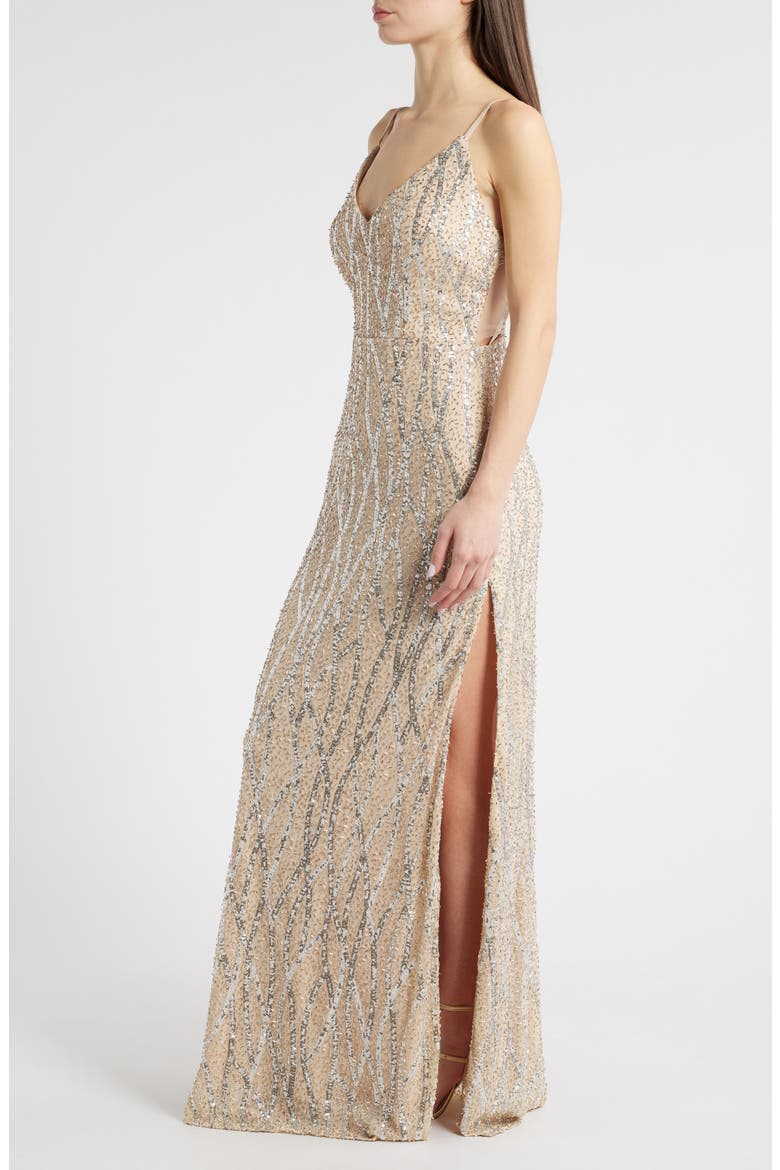Sequin & Bead Tie Back Gown, Alternate, color, BEIGE