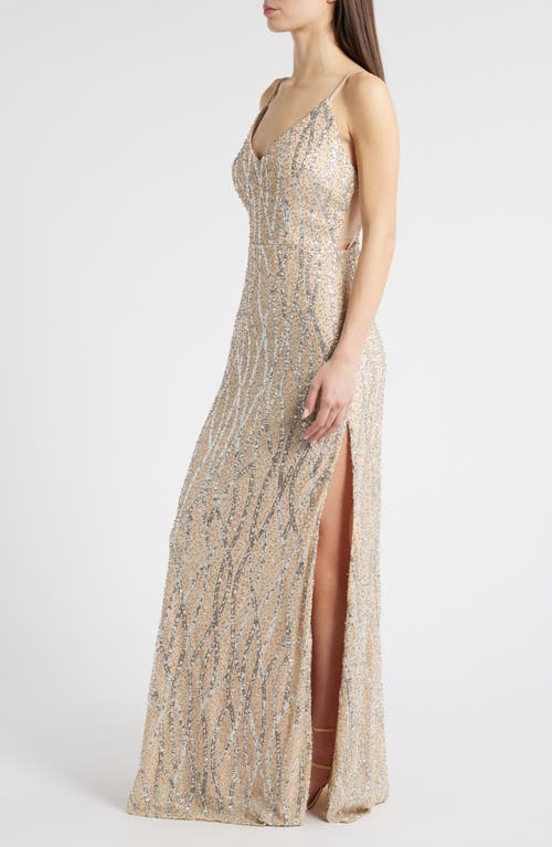 Jump Apparel Sequin & Bead Tie Back Gown In Beige