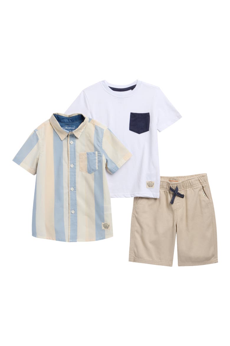 Kids' Stripe Short Sleeve Button-Up Shirt, T-Shirt & Shorts Set, Main, color, STONE