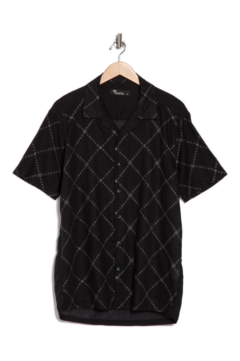Floral Diamond Embroidered Camp Shirt, Alternate, color, BLACK