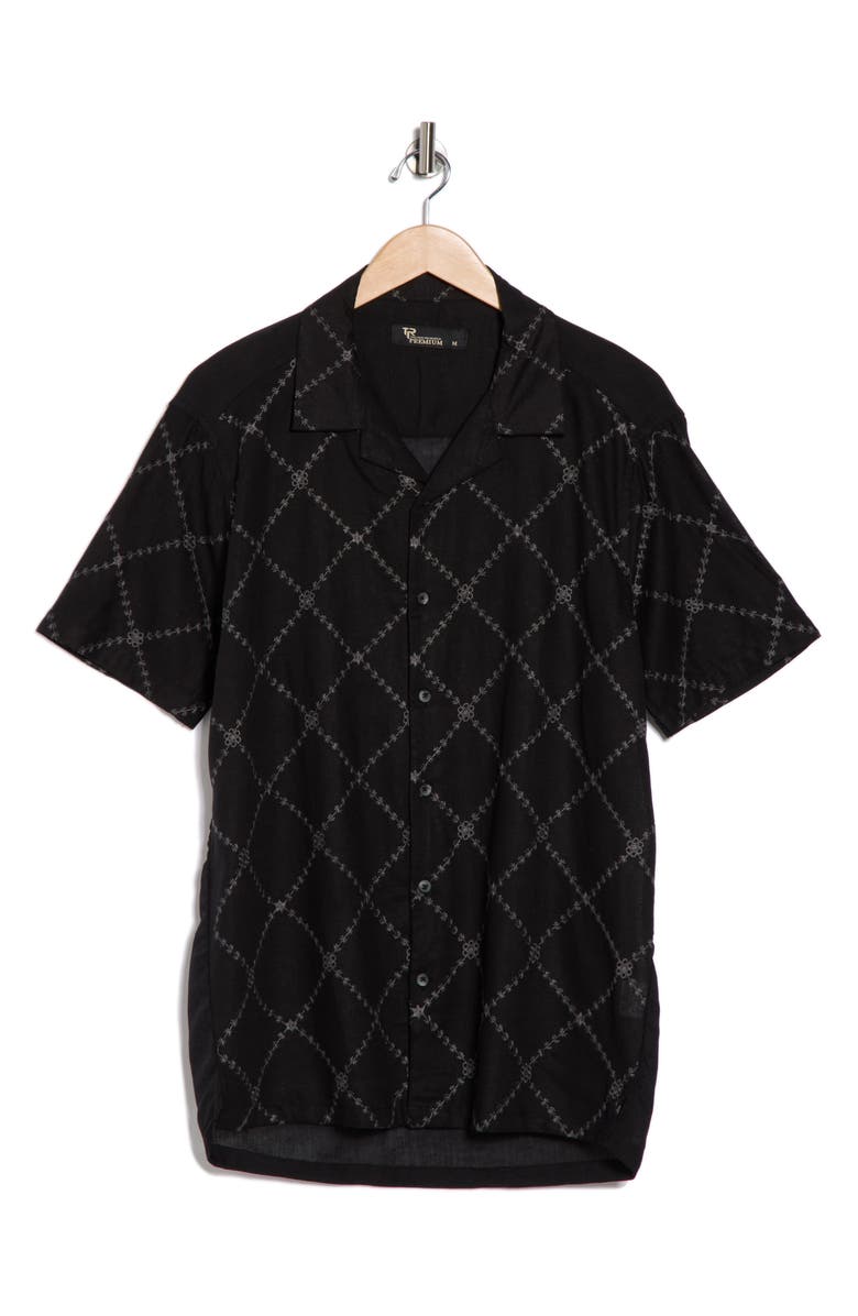 T.R. PREMIUM Floral Diamond Embroidered Camp Shirt, Alternate, color, Black