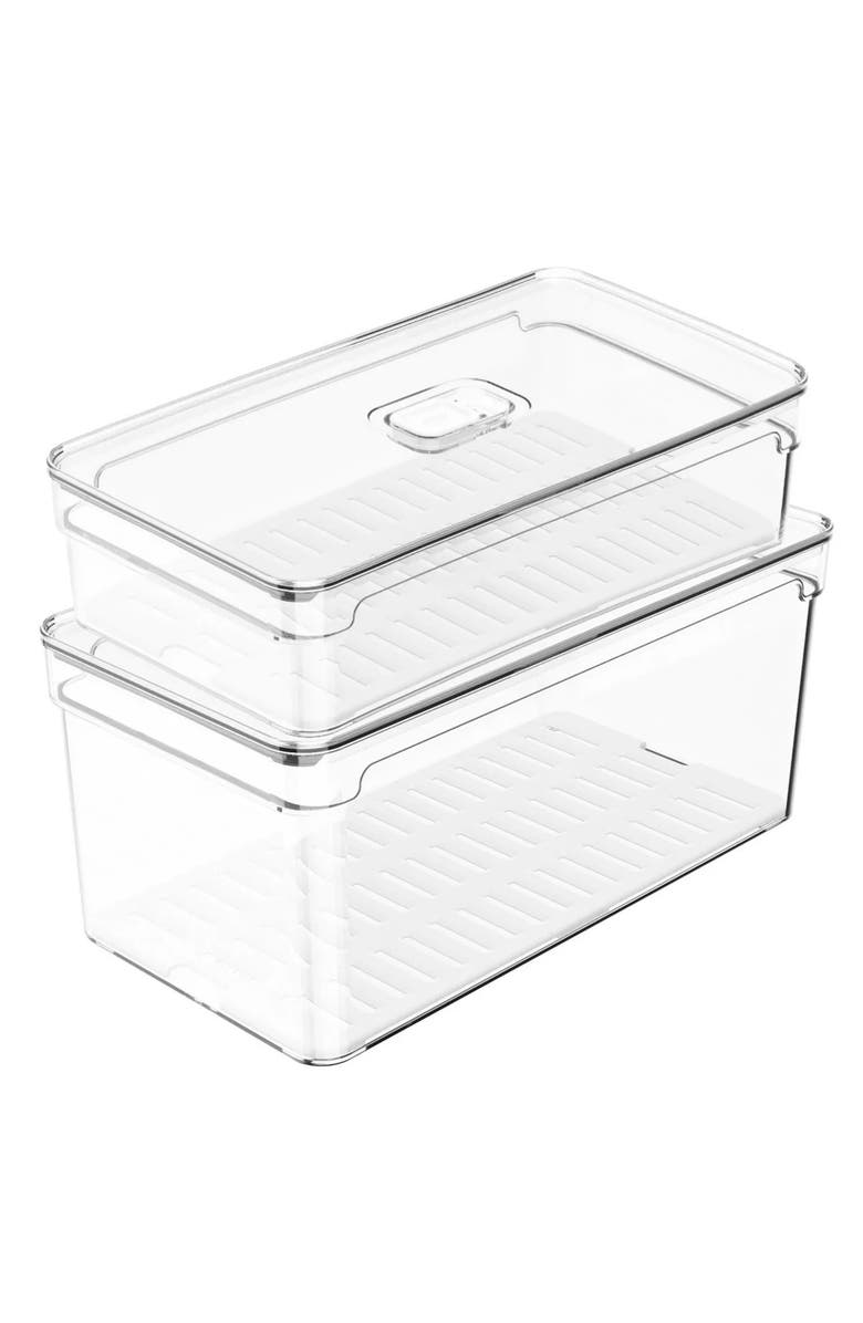OU Clear Stackable Fridge Organizer Bin with Removable Drain Tray and Vented Lid, 2 Pack (2.9 Quart + 5.3 Quart Sizes, Main, color, Clear With White Drainer