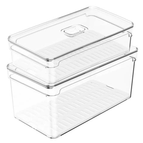 Clear Stackable Fridge Organizer Bin with Removable Drain Tray and Vented Lid, 2 Pack (2.9 Quart + 5.3 Quart Sizes