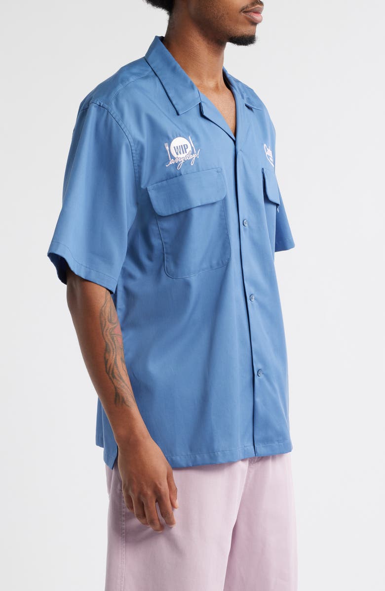 Carhartt Work In Progress Deli Embroidered Short Sleeve Cotton Button-Up Shirt, Alternate, color, Blue Iris / Air Pink