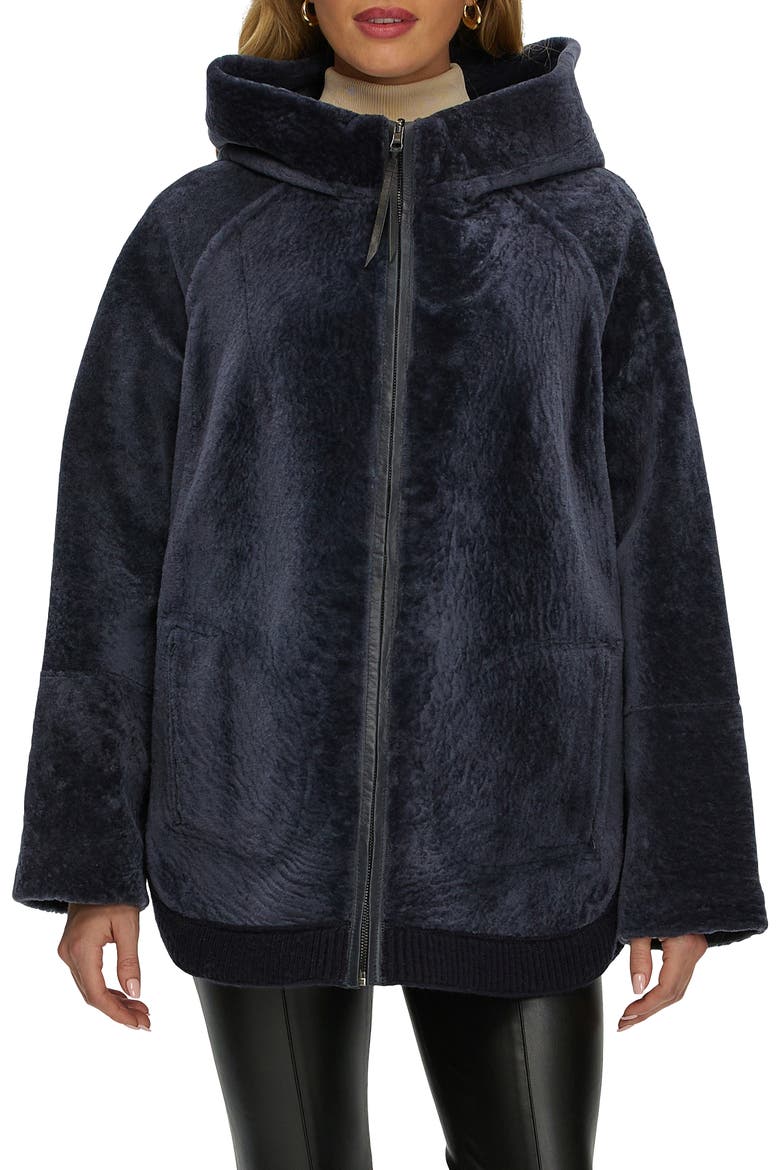 Reversible Textured Genuine Shearling Lamb Zip Parka with Ribbed Hem, Alternate, color, DARK BLUE/DARK BLUE