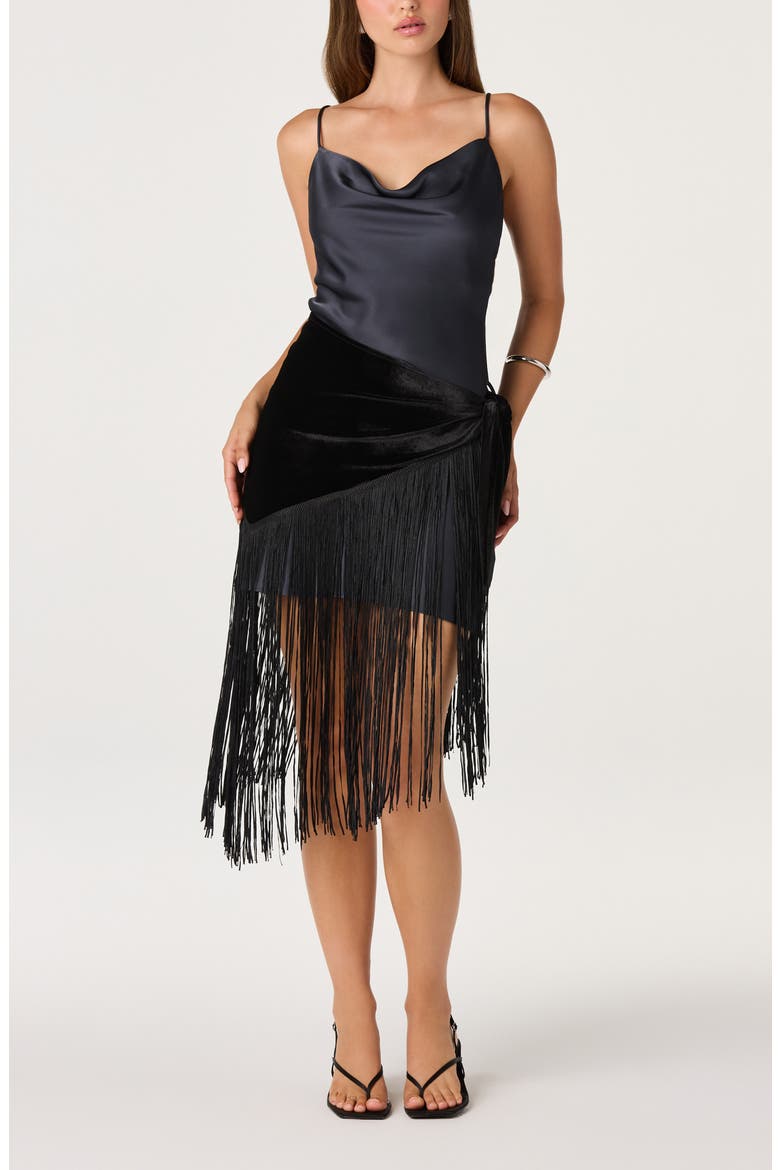 Manon Cowl Neck Velvet Fringe Hem Dress, Alternate, color, SLATE GREY