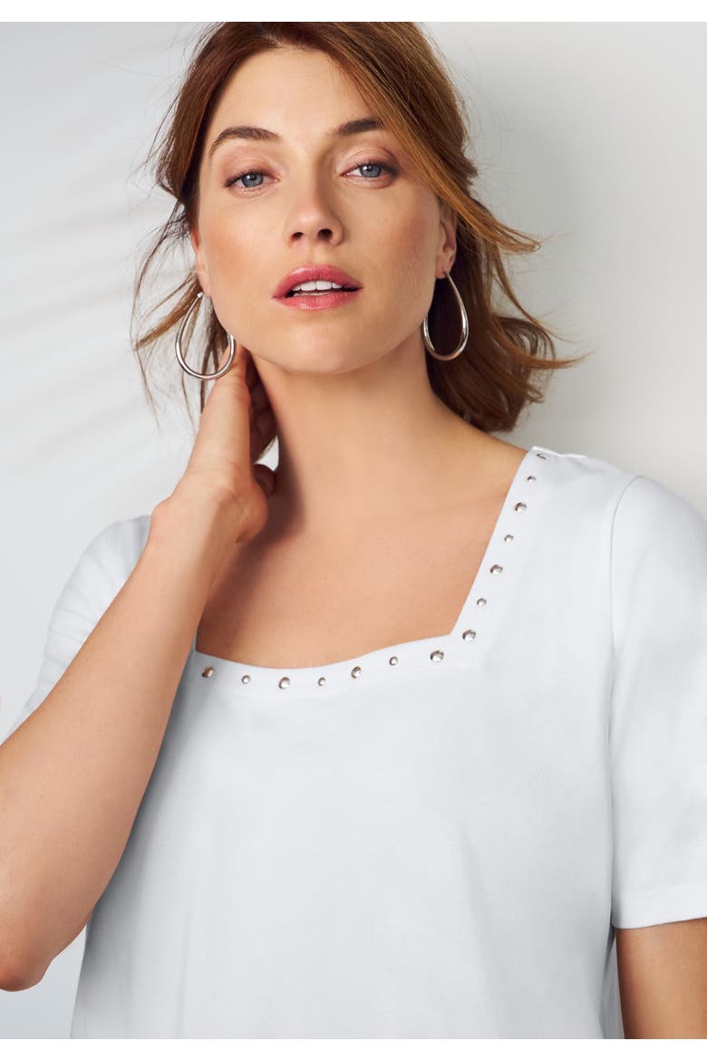Stretch Cotton Studded Square Neck Tunic, Alternate, color, WHITE SILVER STUD