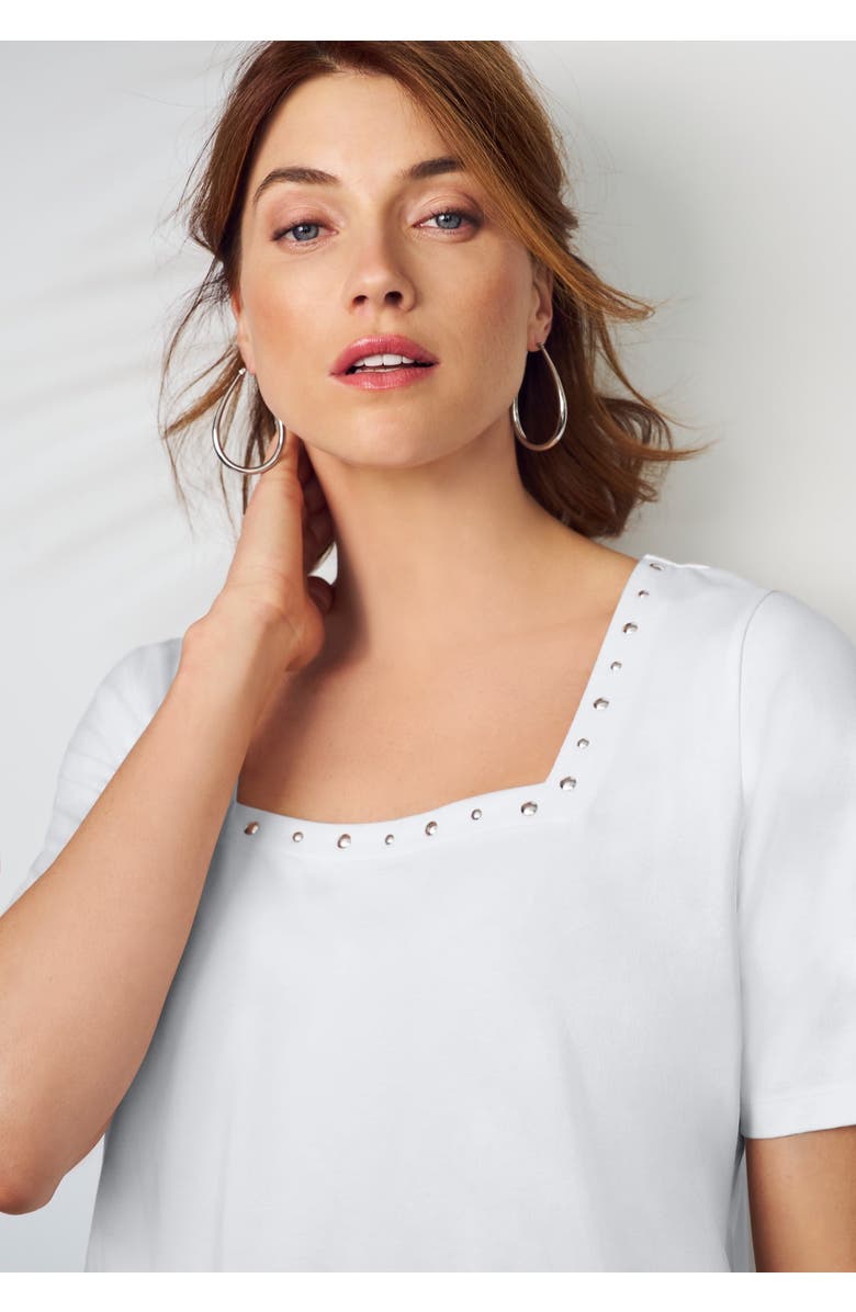 Jessica London Stretch Cotton Studded Square Neck Tunic, Alternate, color, White Silver Stud