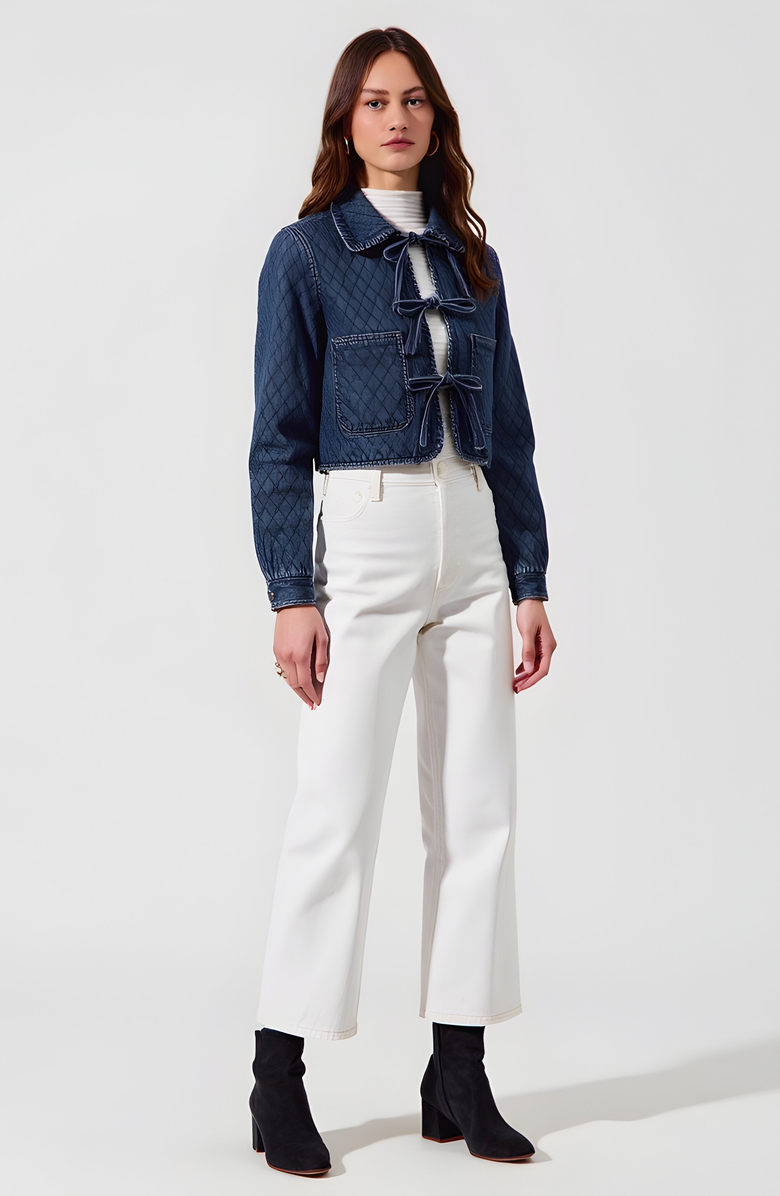 Modenaire Quilted Cropped Denim Jacket with Front Tie Closure and Patch Pockets, Alternate, color,