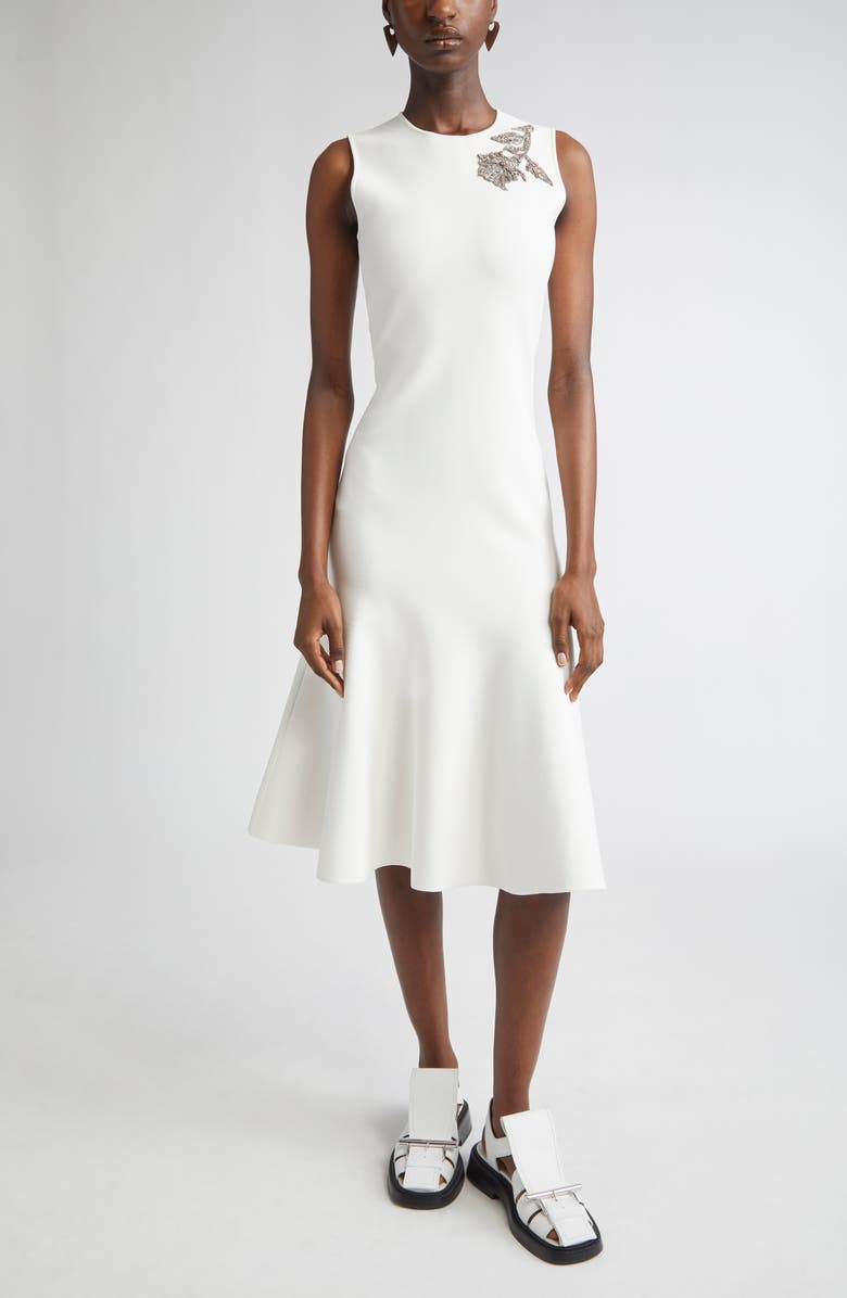 McQueen Banshee Embroidery A-Line Midi Dress, Main, color, Optic White/ Crystal