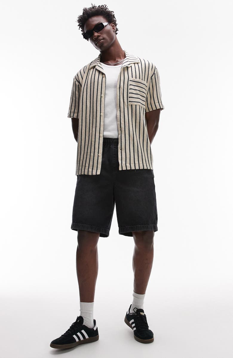 Topman Stripe Knit Camp Shirt, Alternate, color, Stone