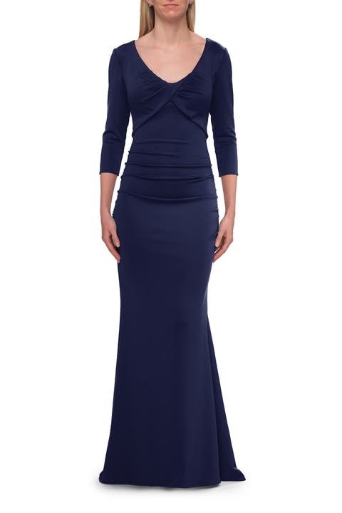 Three-Quarter Sleeve Jersey Gown with Ruched Bodice