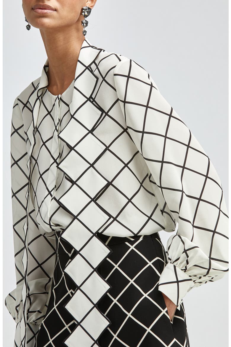 Windowpane Tie Neck Crepe Blouse, Alternate, color, IVORY/ BLACK
