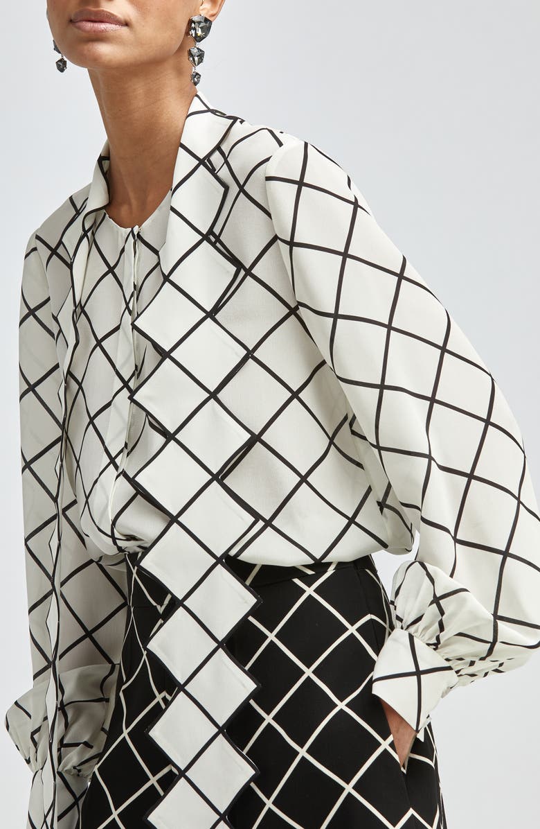 Oscar de la Renta Windowpane Tie Neck Crepe Blouse, Alternate, color, 