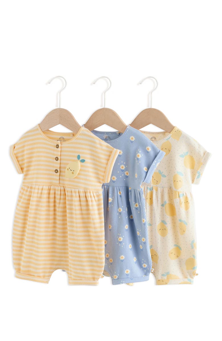 NEXT Pack of 3 Assorted Rompers, Main, color, Blue/ Yellow Multi