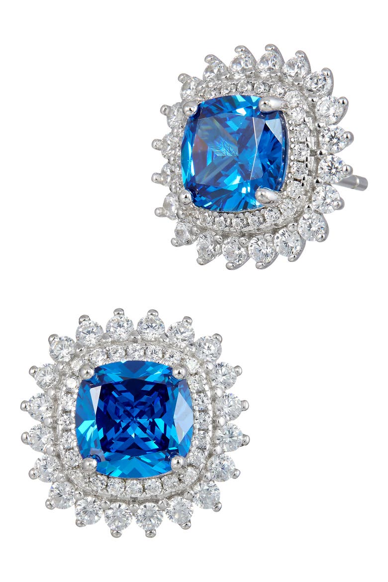 Cubic Zirconia Double Halo Cushion Stud Earrings, Main, color, SAPPHIRE BLUE