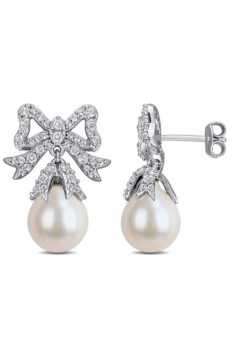 9.5-10mm Cultured Freshwater Pearl Bow Drop Earrings, Main, color, WHITE