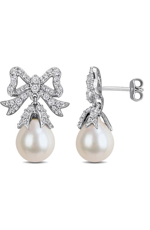 9.5-10mm Cultured Freshwater Pearl Bow Drop Earrings