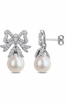 DELMAR 9.5-10mm Cultured Freshwater Pearl Bow Drop Earrings