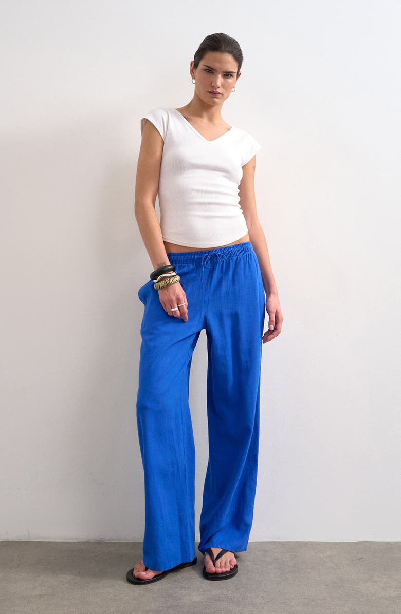 Topshop Linen Blend Straight Leg Pants, Main, color, Blue
