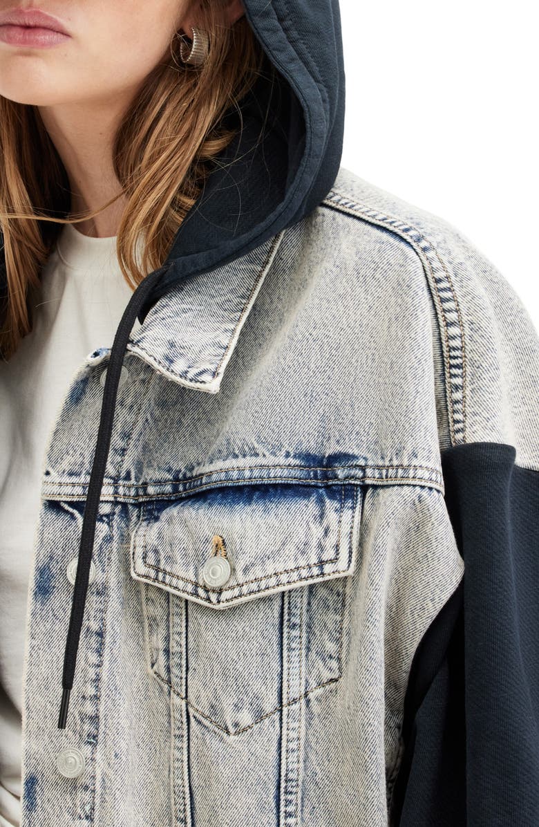 AllSaints Milena Mixed Media Hooded Denim Jacket, Alternate, color, Indigo Blue