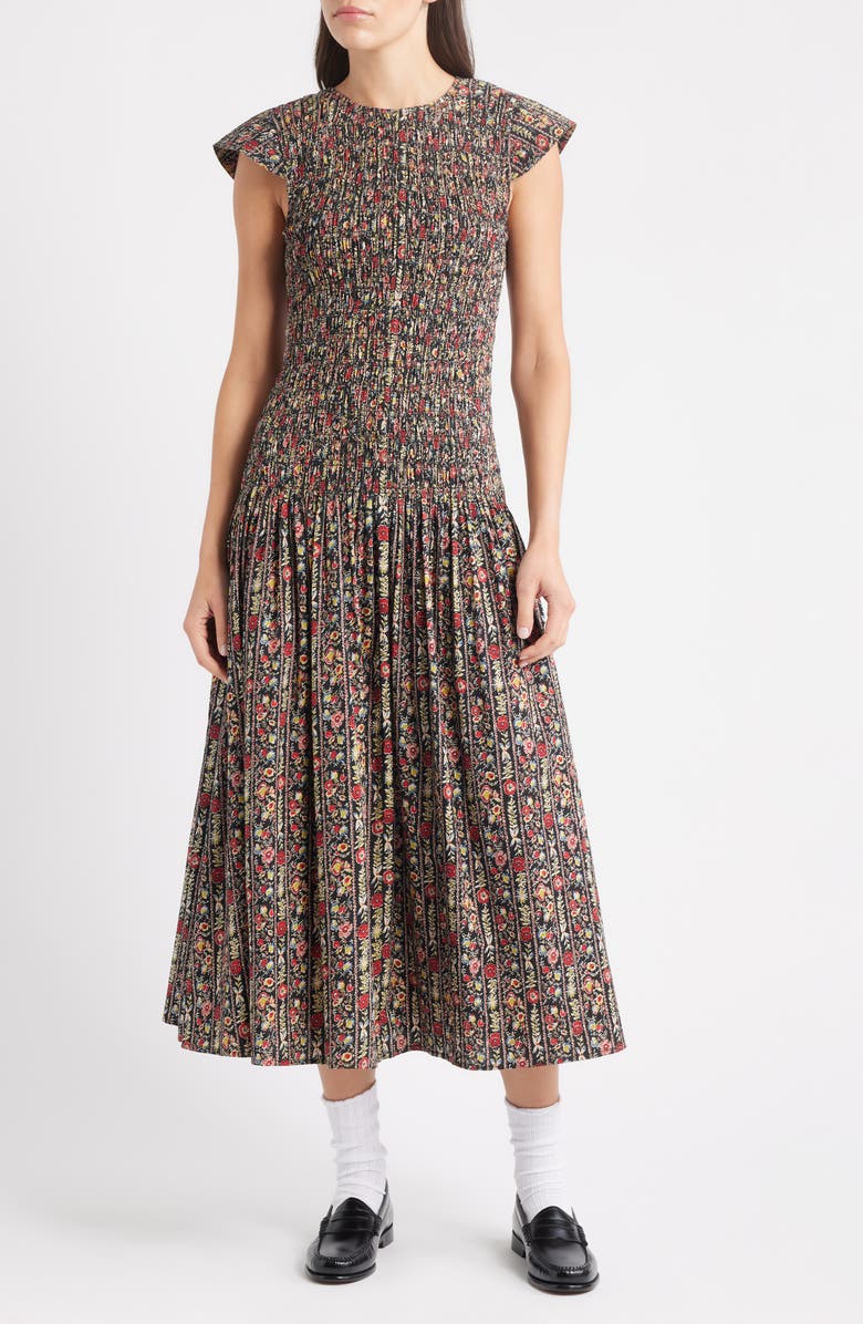 THE GREAT. The Paramour Floral Print Midi Dress, Main, color, Black/ Garland Print