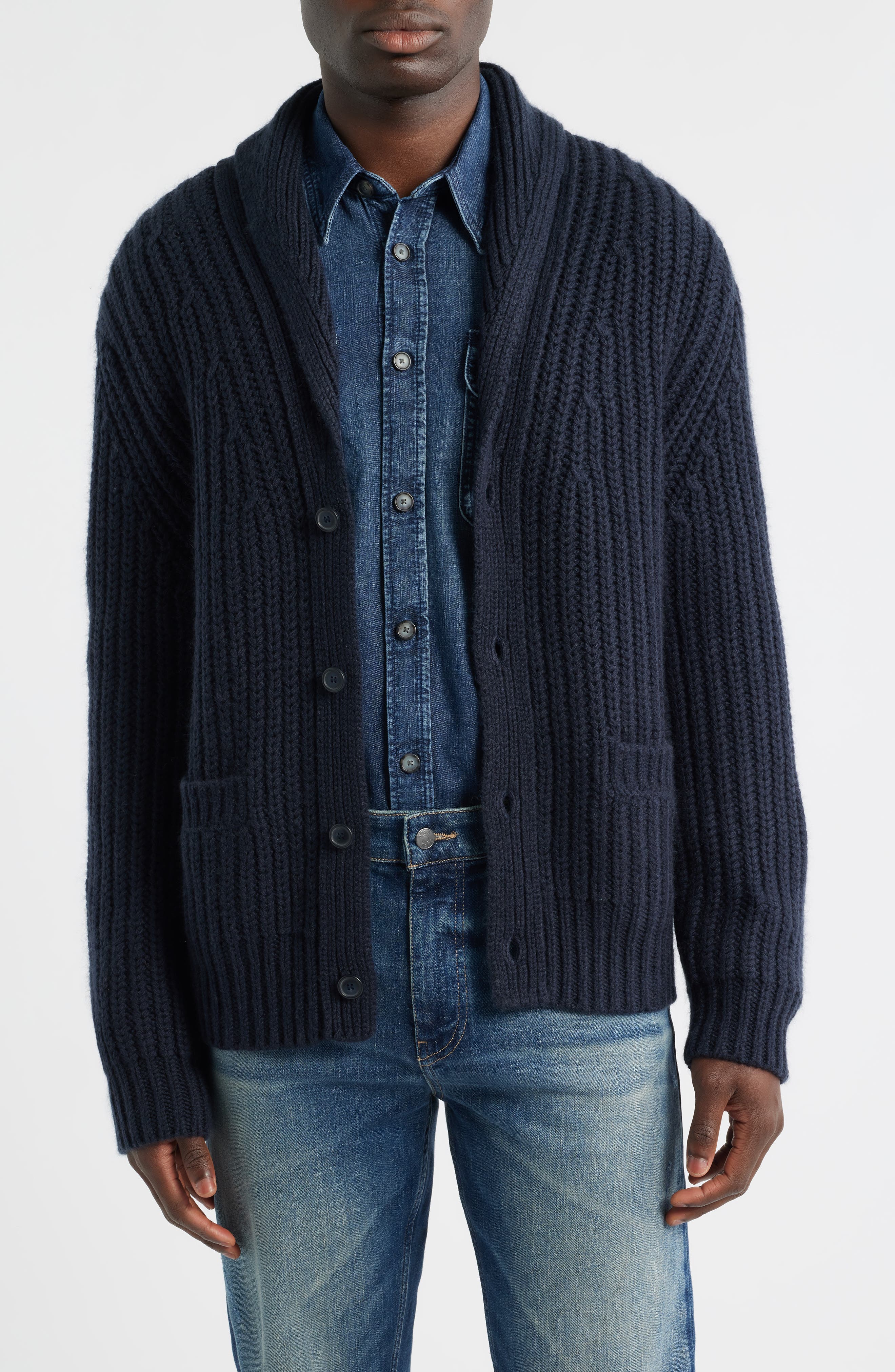 BOSS Horace Shawl Collar Ribbed Wool & Cashmere Cardigan