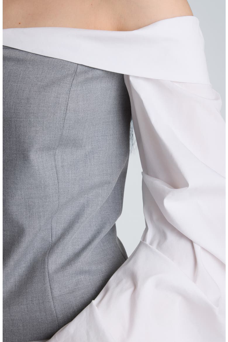 Pleated Sleeve Off the Shoulder Top, Alternate, color, LIGHT FOG HEATHER/ PURE WHITE
