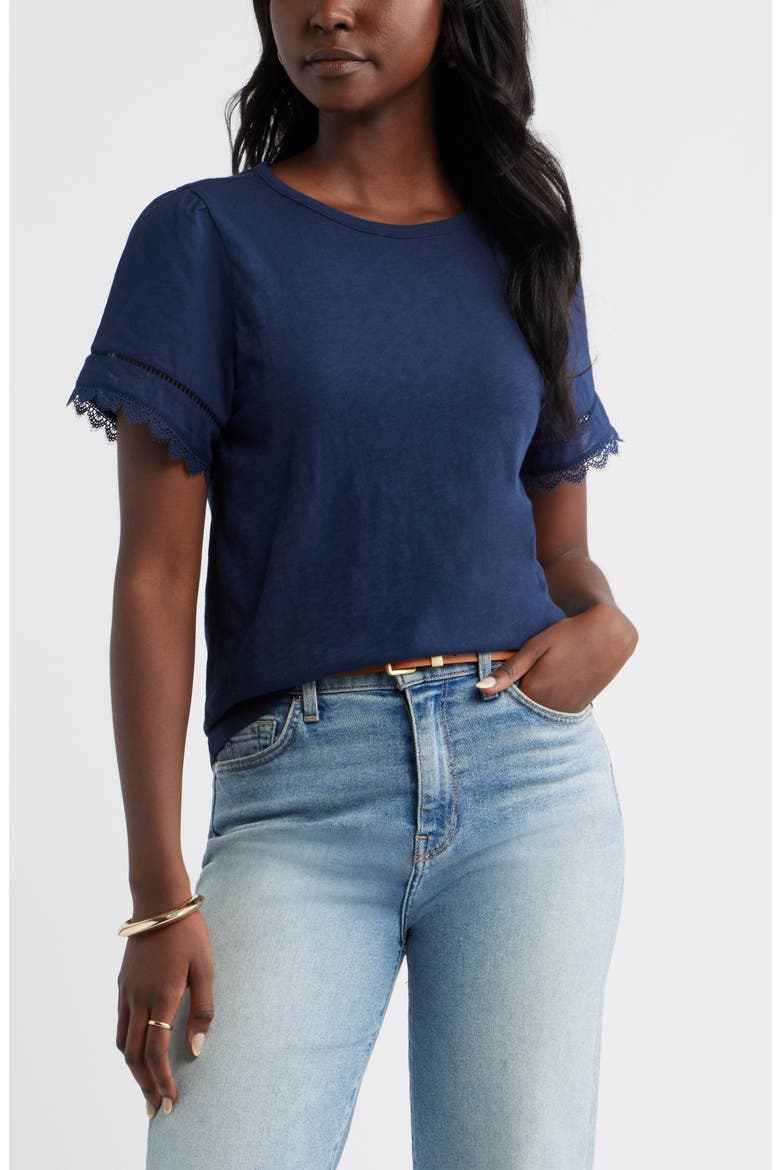 Mixed Media Lace Trim T-Shirt, Main, color, NAVY STILL